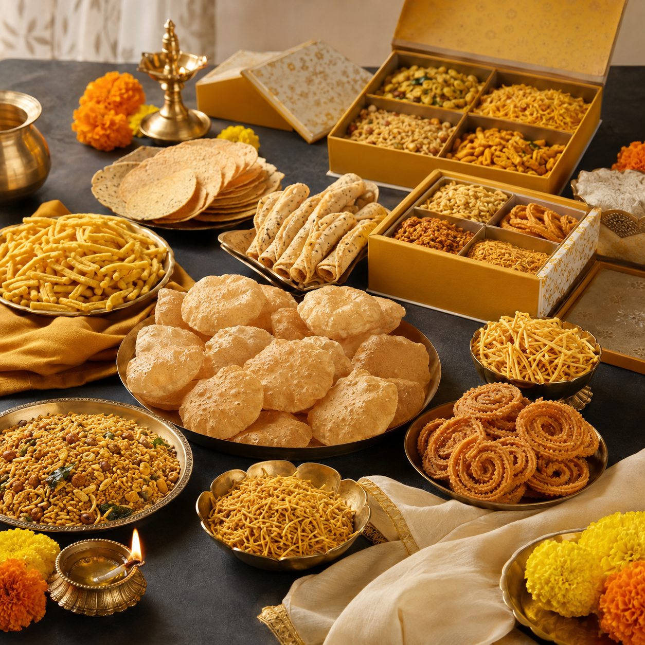 A spread of homemade Indian snacks